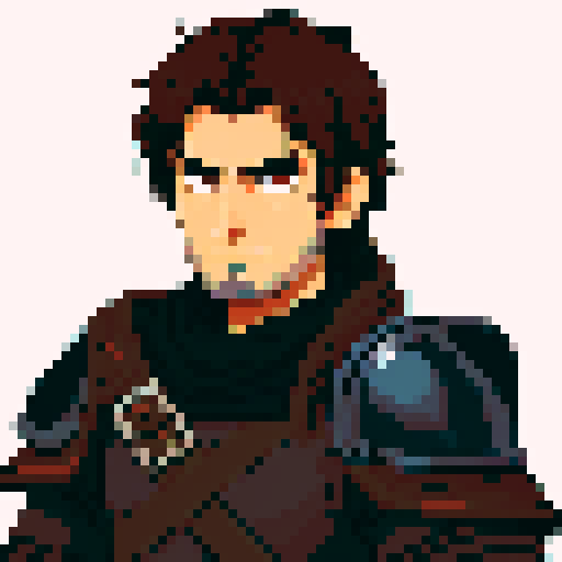  Knight with Dark Brown Hair and stubble. He has a longsword slung over his shoulder.