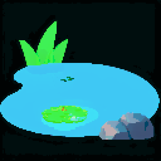 A trout relaxing in the pond, pixel art, vibrant colors, shimmering water, serene atmosphere, lily pads, gentle ripples, sunlight filtering through trees, moss-covered rocks