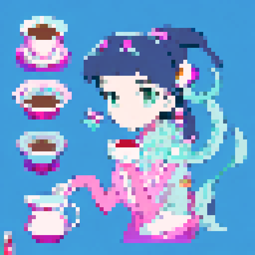 Elegant geisha girl serving tea to a tentacled monster in a traditional Japanese room, with vibrant colors and intricate details in an anime-inspired style.