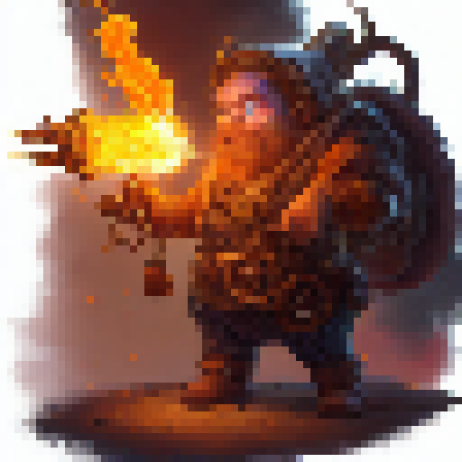 Dwarf artificer, hammering away at a fiery forge, surrounded by steaming pipes and glowing runes, crafting intricate clockwork constructs with his skilled hands.