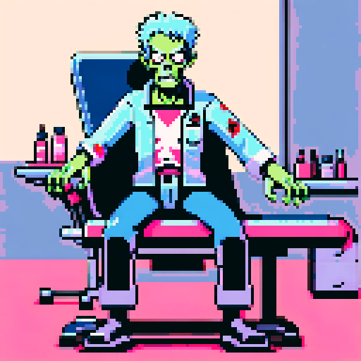 Zombie, strapped to operating table, looking at camera, limbs detached, pixel art, sRGB