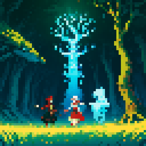Hand fist, adorned with ornate, intricately carved runes, pulsating with ethereal energy, casting a spell in a mystical, ancient forest, surrounded by mythical creatures. Red and blue environment. Pixel art