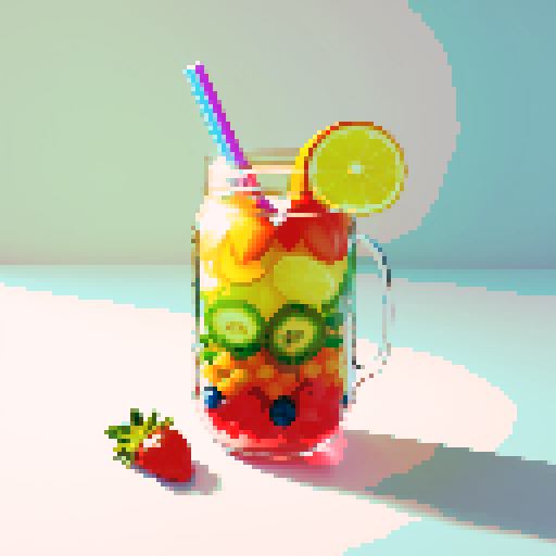 rainbow drink in mason jar with fruits, white background