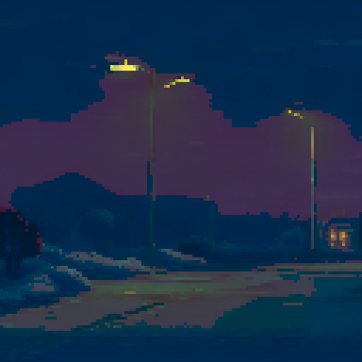 snow covered ground, softly falling snowflakes, dimly lit street lights, dark and overcast sky, distant windows emitting a warm glow, pixel art landscape