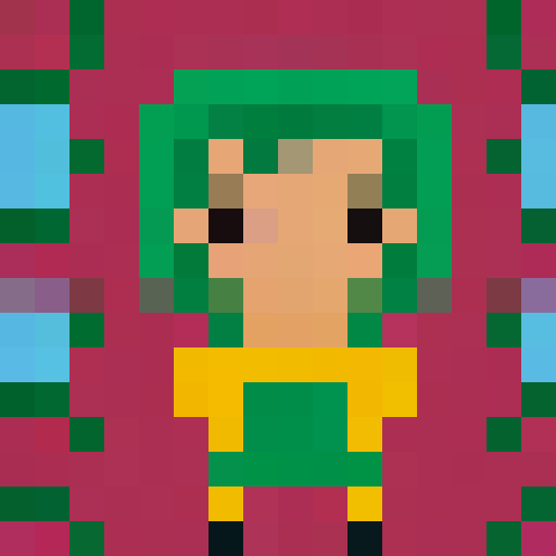 Pixelated pokemon trainer with a focused expression and bright red hat, standing amidst a lush green forest with tall trees and colorful flowers in the background.