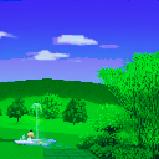 Park area, green grass, fountain