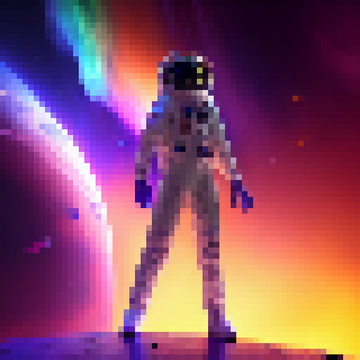 Floating in a vibrant nebula, a fearless fantasy astronaut in a sleek spacesuit wields a glowing laser sword against a swarm of metallic intergalactic insects.