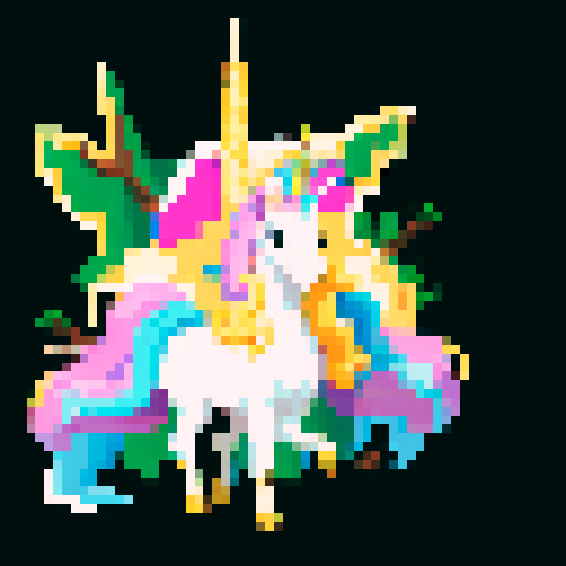 unicorn woman hybrid with cloven hooves, ethereal mane flowing, delicate golden horn, playful expression, bathed in the moons glow in a forest, clear detail, full body, pixel art style, sRGB format