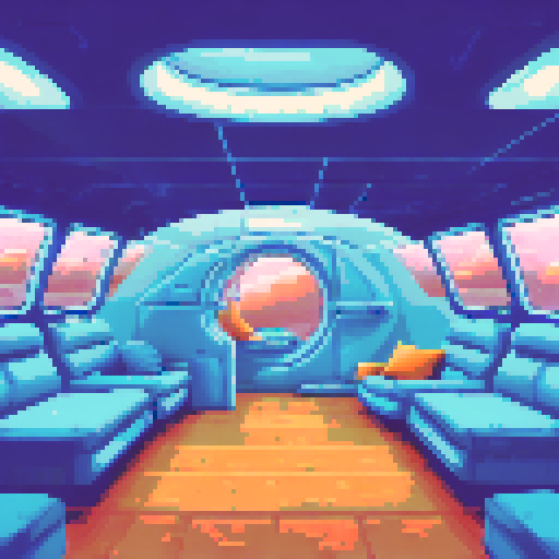 The interior of a small, rounded spaceship from a flat side view. A small, rounded spaceship interior with smooth, curved walls and large windows in the back showing space. In the center is a cryo-pod with a sleeping human inside.