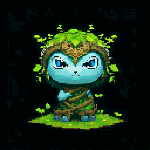 A wise, ancient guardian with a body covered in moss and vines, and deep, glowing blue eyes. It has a calm, serene expression and exudes an aura of ancient wisdom and tranquility. No background.
