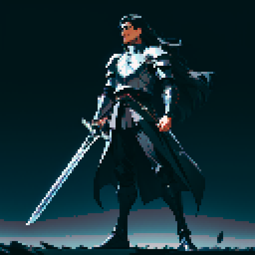 full-body image, male knight, man in black armor, giant sword, long black hair, sexy, male dark knight, giant sword, huge long sword, long hair, facing left, ready to fight, very long sword