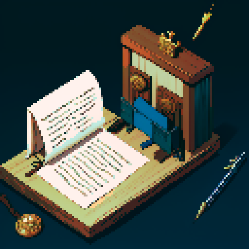 block, wooden interior, isometric, medieval, writing table, feather pen, ink, paper, papers, royal seal, law, dark