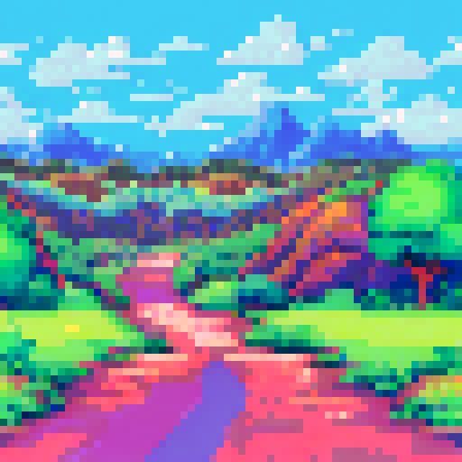 Topdown, vibrant green grass, rolling hills, soft shadows, pixelated trees, clear blue skies, distant mountains, sRGB palette, detailed textures, immersive background, expansive landscape