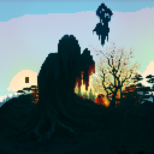 dark silhouette, pixel art, sRGB, mysterious moonlit forest, towering ancient trees, glowing orbs, ethereal mist, haunting shadows, shimmering reflections, enchanted atmosphere, surreal dream-like landscape