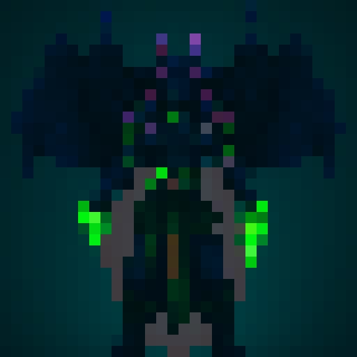 Demon hunter pixel art character, purple background, facing forward, full body, green warglaives in each hand, horns on head, purple skin, demonic glyphs on skin, world of warcraft inspired, game asset
