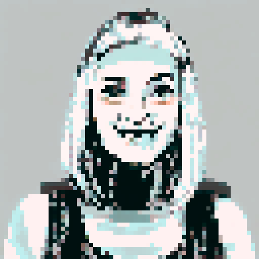 Smiling young Asian woman's pixel art portrait in anime style, featuring a close-up of her face.