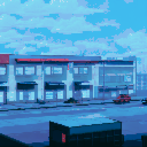 industrial, storefront, overcast sky at night, glowing streetlights, vacant lot, long shadows