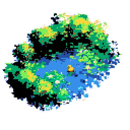 yellow duck in a pond, surrounded by lush greenery and reflecting sunlight in a serene pond with shimmering ripples and pixelated waves, creating a tranquil atmosphere in a picturesque landscape with vibrant colors using intricate pixel art in the sRGB palette