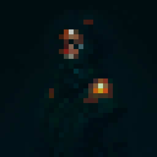 high contrast character sprite with red cloak, glowing eyes, small size, magic tome floating next to them, fantasy RPG style