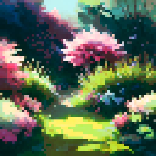 blooming flowers, nestled in a dense bush, vibrant colors, soft brushstrokes, lush greenery, delicate petals, intricate details, picturesque scenery, harmonious composition, evoking tranquility and serenity, capturing the essence of nature, blending realism and impressionism