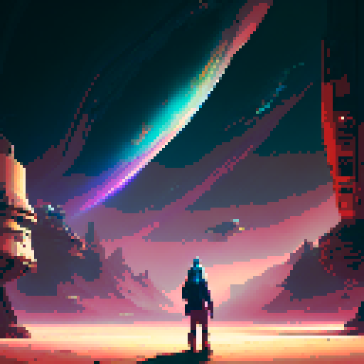 "Create a 3D image featuring a small, nerdy character standing in front of a bright and colorful cosmic background, highlighted by neon lights."