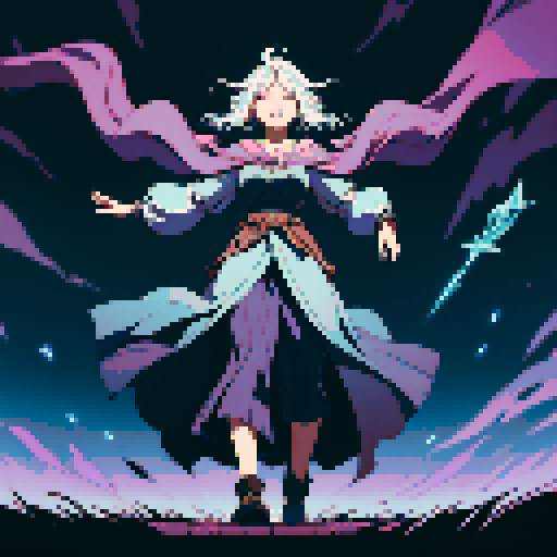 full-body image, sorceress facing right, sorceress ready to fight, evil sorceress, floating, arms out, magic circles, magic power, spell, evil sorceress, evil witch, magic symbols, ultimecia, final fantasy, sRGB, pixel art