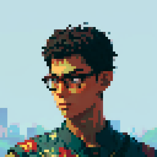 Southeast Asian man, short curly hair, glasses, tanned