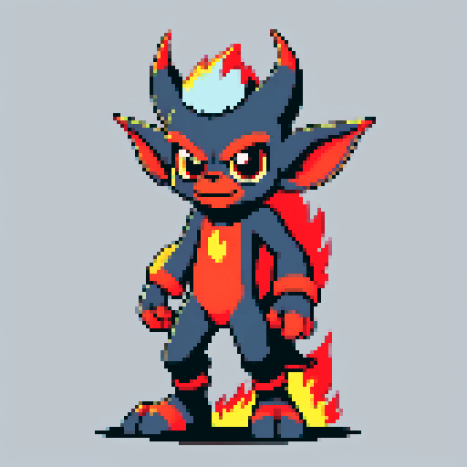 A fire imp. furry and gremlin-like. on a grey background