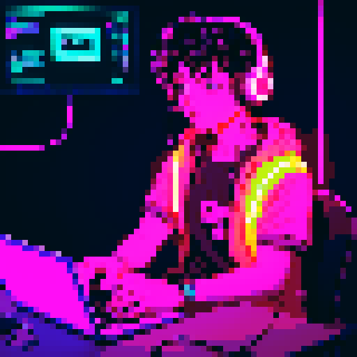 Brunette curly boy developer with headphones, coding on screen, vibrant sRGB pixel art, surrounded by glowing neon lights