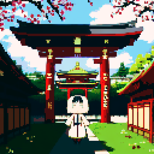 shinto shrine, vibrant colors, golden torii gate, golden collection box in background, cherry blossom trees, lanterns glowing, traditional architecture, intricate details, pixel art, sRGB