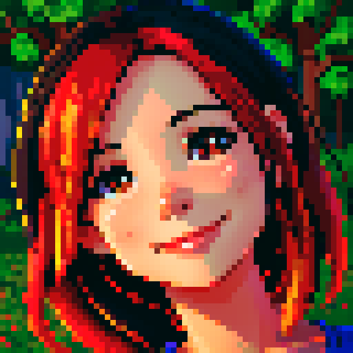 stardew valley-inspired, woman, asian, pixel art, sRGB, vibrant colors, rustic backdrop, dark hair, glowing skin, gentle smile, rosy cheeks