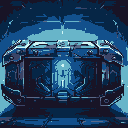 mystery box, stone, metall, shiny, pixel art, sRGB, vibrant colors, glowing lights, intricate patterns