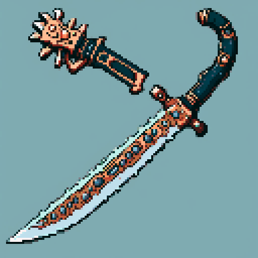 I want the blade of an ancient magical chainsaw constructed out of copper and gems. It should look huge (10 meters long at least), very complex and expensive, and very old. I also want this object usable an asset in a videogame, meaning only one object per image, outlined with a strong black stroke, on a solid-color background.