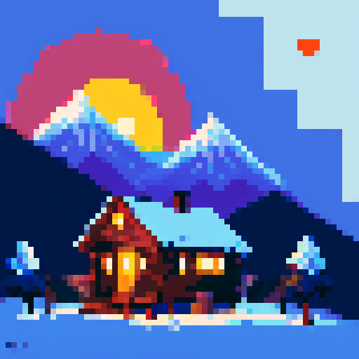 "The Cabin 2023" in retro letters, with a eastern mountain scene with a cabin in the background, sunset
