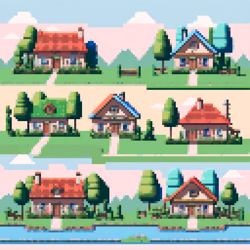 2-bit pixel art a grid of 4 circular illustrations of cottagecore style cottages with gardens