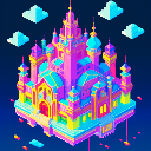floating palace in the sky, vibrant colors, intricate details, isometric view, low resolution, retro aesthetic, 8-bit graphics, neon lights, glowing windows, billowing clouds, multi-tiered structure, fantastical architecture, whimsical atmosphere, towering spires, ethereal glow