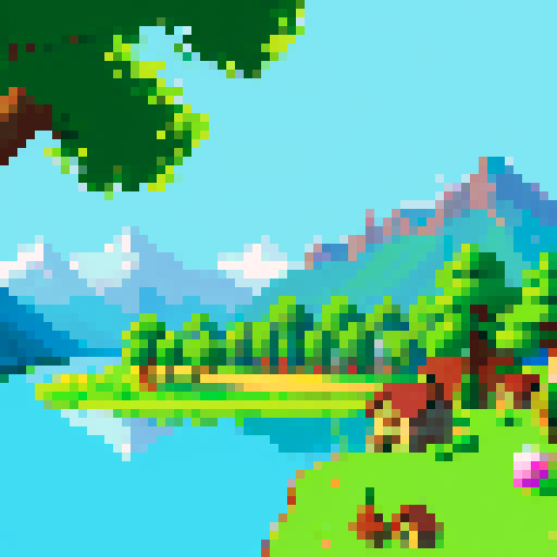 landscape with lake, trees, and mountains