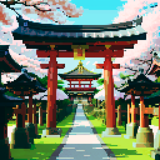 golden shinto shrine, torii gate, vibrant cherry blossom trees, lanterns glowing, traditional architecture, intricate details, large shimmering golden chest in background, pixel art, sRGB