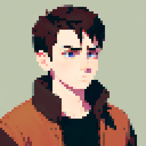 portrait, sprite art, character art, young man, neutral, sad, dark eyes, stern, depressed
