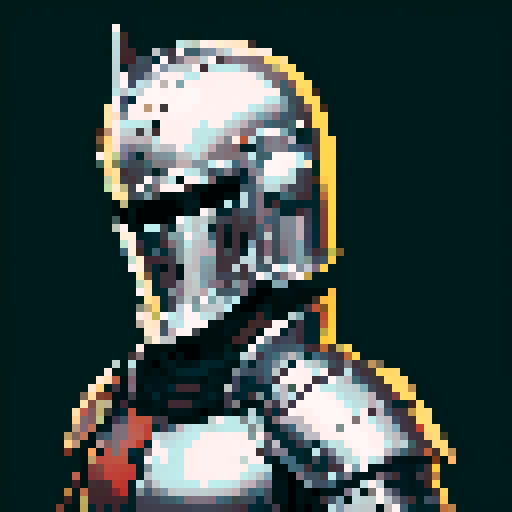 knight, game icon, skill art, portrait, pixel art, noble armor, sword, shield, helmet, detailed facial features, vibrant colors, medieval