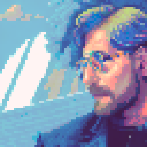 long-haired, eccentric, artistic man with vibrant, neon-colored locks, wearing retro, round sunglasses, against a pixelated, 