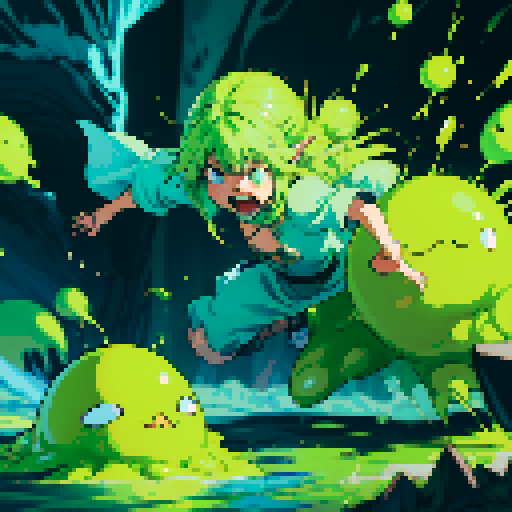 slime surging up around someone, slime engulfing a hero, slime consuming a hero, hero getting engulfed by slime, slime attack, dynamic, slime slamming into someone, impact, splashing slime, full-body image, full-body art