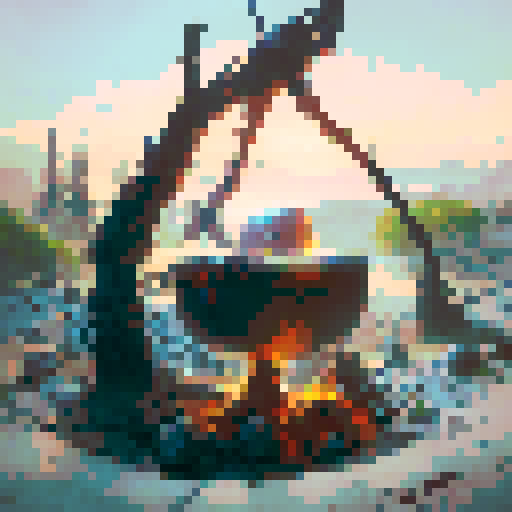 A rustic cauldron, bubbling over a roaring bonfire.