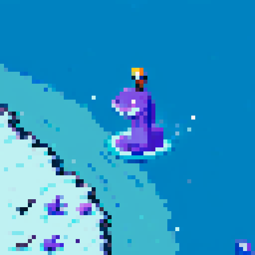 Large purple smiling loch ness dinosaur, frozen lake, winter, monkey on top