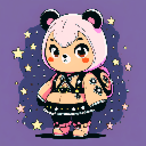 A graphic depiction of a chubby puffy bear in retro 1995 anime style, chibi form, with expressive black eyes and brown fur, styled with long twin pigtails. Wearing magical clothes with intricate belts and patches. Background of a wild magic night with a dark waterfall and bright stars. Created Using: classic anime aesthetics, detailed magical garments, enchanting night setting, vivid portrayal, star reflections, dynamic composition, hd quality --ar 2:3 --v 6.0 niji
