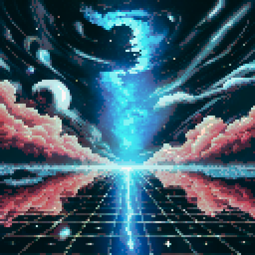 A celestial arena with a glossy, reflective black floor. The background features swirling cosmic clouds, faint stars, and auroras blending into a vast, starry sky