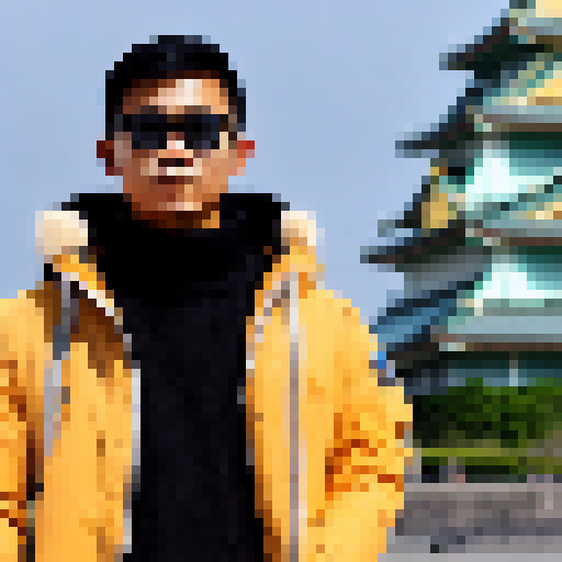 Potrait of tan indonesian man in front of osaka castle wearing black winter coat, black eye glass, and light brown turtle neck.