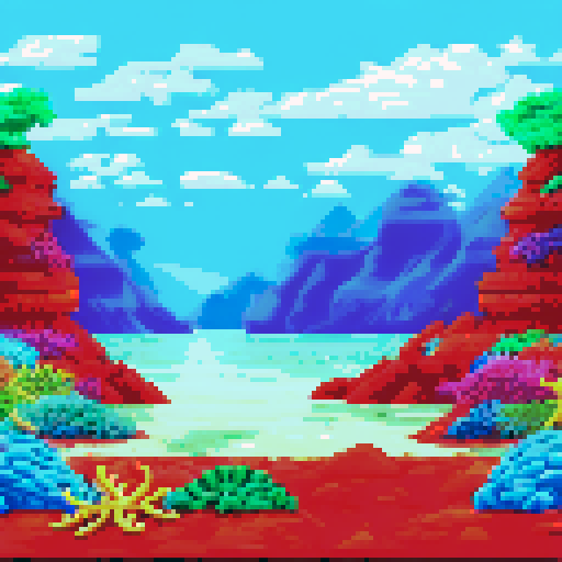 sea floor scene with rocks, seaweed, coral and starfish
