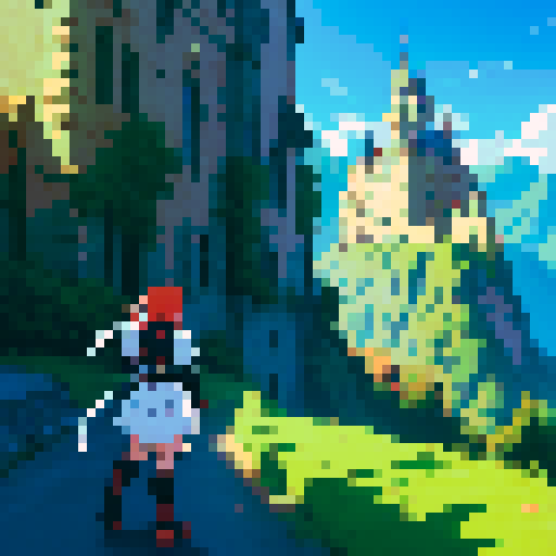 Anime warrior on an adventure with a castle in the backgroun. 