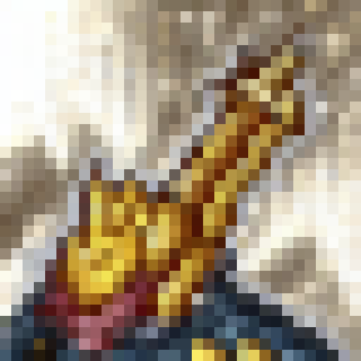 Golden warrior E, wielding a fiery sword and clad in shining armor, prepares for battle against a looming dragon in a skillfully crafted game icon-style 32x32 pixel art close-up portrait, with a vibrant and dynamic color palette.